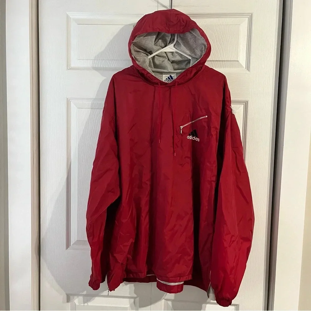 Vtg Adidas Red Windbreaker Track Jacket Pullover Lined Hooded Side Zip Size XLT